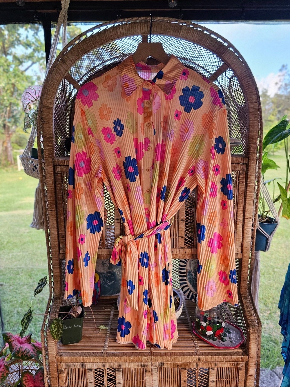 Vintage Floral Pleated Shirt Dress/belt
